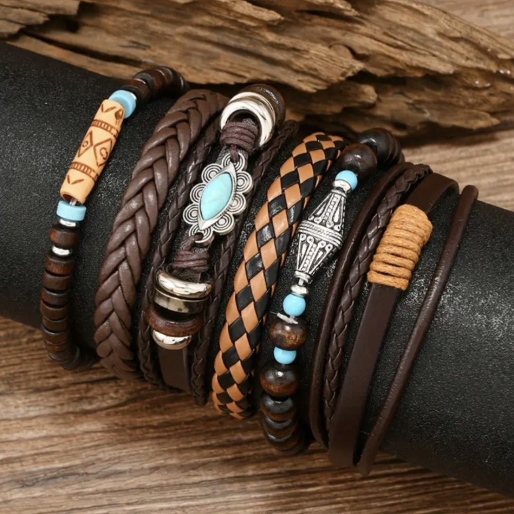 6 Pc Western Bracelet Boho Rodeo Turquoise Men Women Retro PU Leather Bracelets - Picture 4 of 13